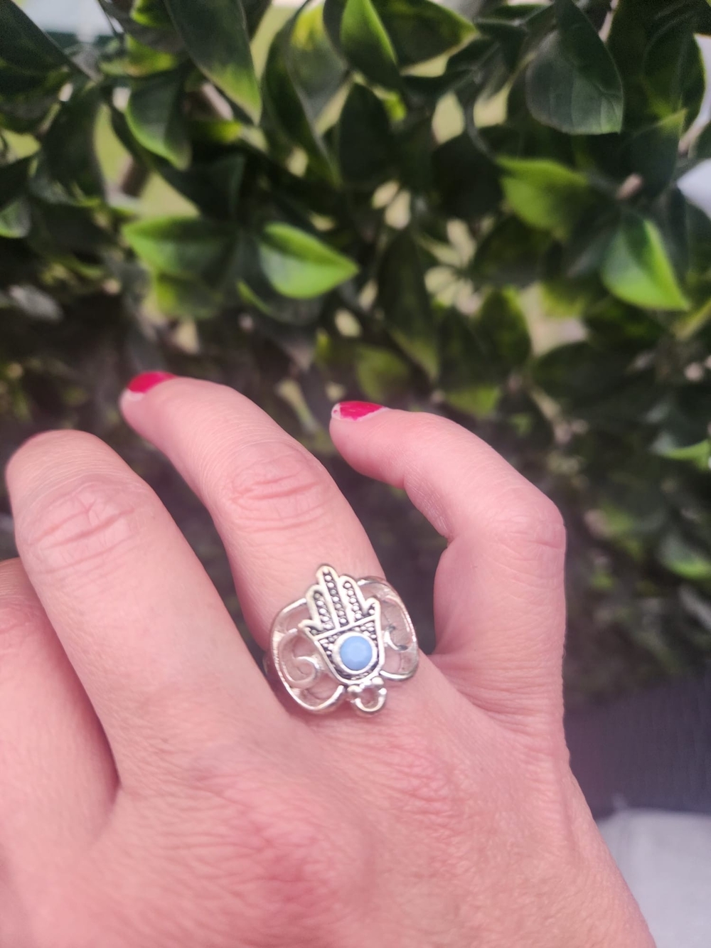 Silver Hamsa Ring with Blue Stone - Women Jewelry